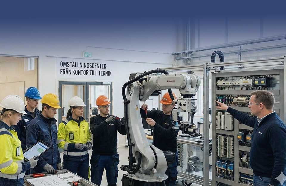 Industriell utbildning i robotteknik som illustrerar hur kvalificerade praktiska yrken får ökad betydelse när AI förändrar arbetsmarknaden.