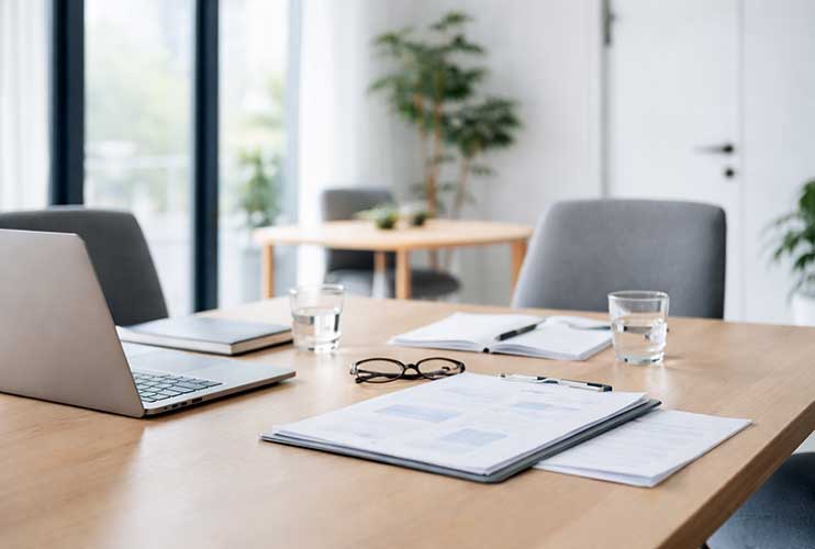 Dokument, laptop och anteckningsblock på konferensbord i dagsljus, symboliserar arbetsförmågeutredning och analys av arbetsuppgifter och förutsättningar.