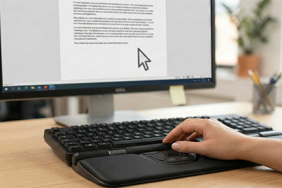 Närbild på en hand som använder ett ergonomiskt rullstyrsdon framför ett tangentbord vid en dator.