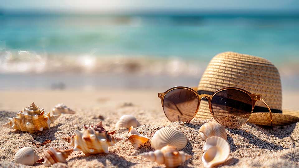 Solhatt och solglasögon på en sandstrand med snäckor i förgrunden och havet suddigt i bakgrunden.
