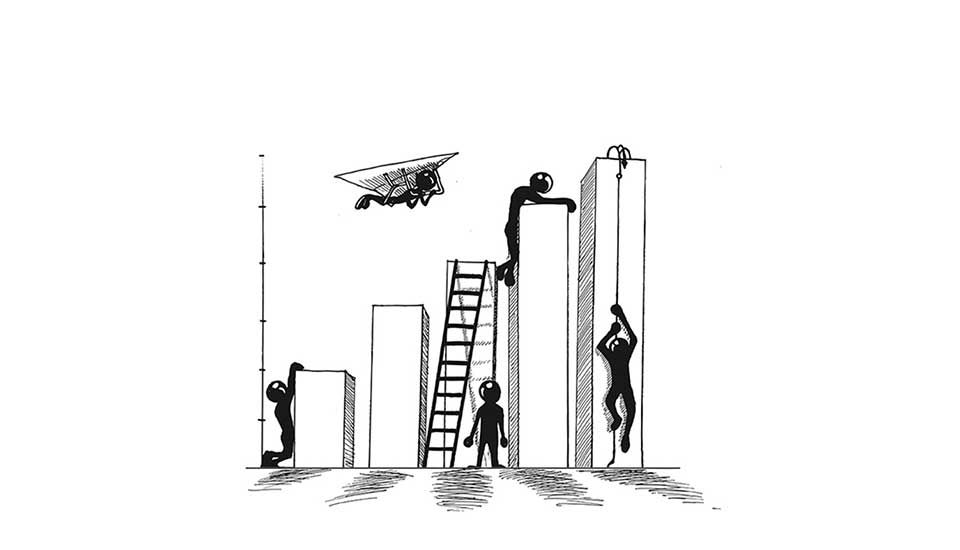 Handritad illustration av personer som tar sig förbi olika hinder och höga block på olika sätt, som symbol för utmaningar i omställning och förändring.