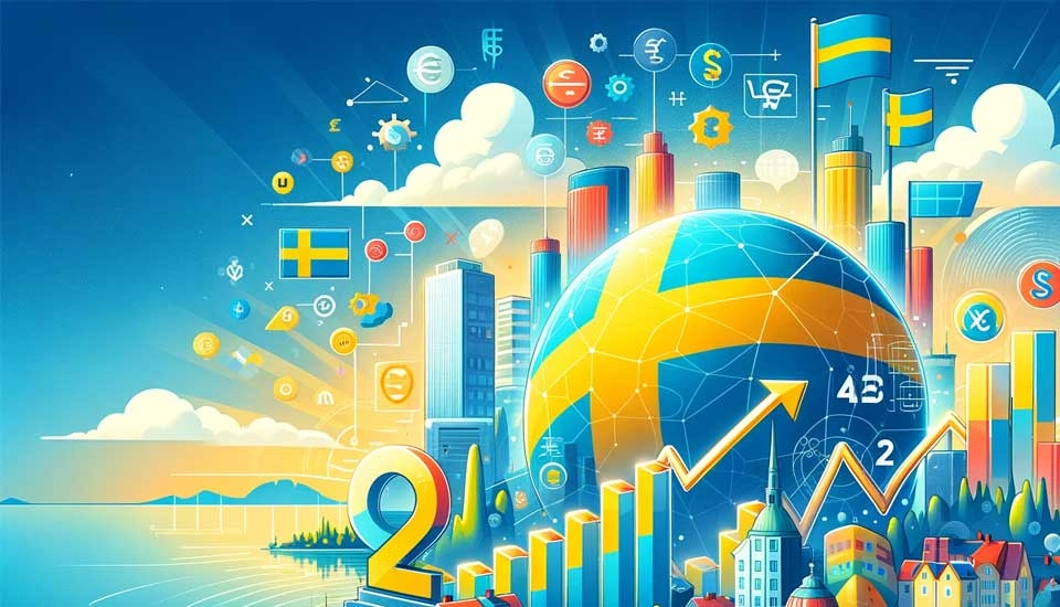 Illustration som visar utmaningar på arbetsmarknaden med symboler för olika valutor och ekonomiska indikatorer som grafer och pilar, samt svenska flaggor, mot en bakgrund av en global stadsmiljö.