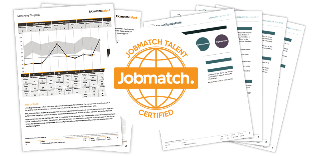 JobMatch Talent-certifieringssymbol i orange tillsammans med fyra sidor från ett personligt analysresultat som visar arbetsstil, egenskaper och sammanställning i grafisk form.